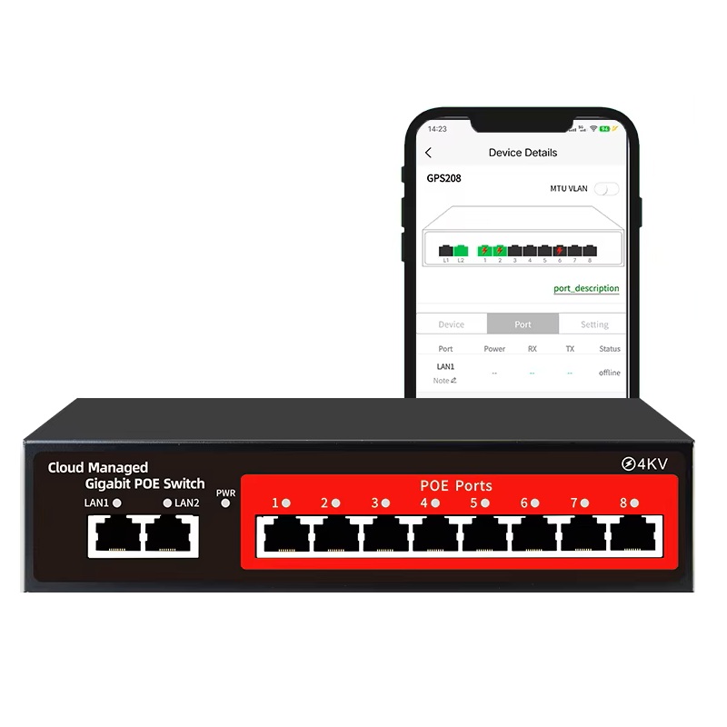 POE Switch GPS208 10portů RJ45 Gigabit (8*PoE+2*uplink) s rychlostí 10/100/1000 Mb/s - 1690 Kč