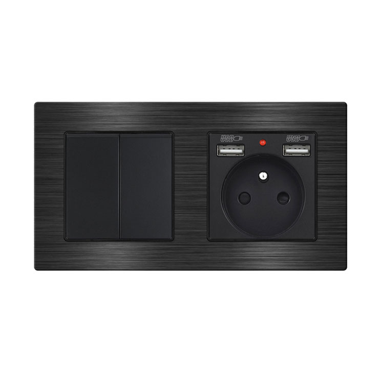 UNIC Elektrick zsuvka (230V+2xUSB 5V/2,1A) + dvojvypna lustrov sriov .5 v rmeku 153mm, slitina hlinku ern