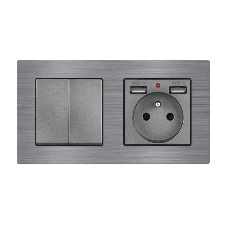 UNIC Elektrick zsuvka (230V+2xUSB 5V/2,1A) + dvojvypna lustrov sriov .5 v rmeku 153mm, slitina hlinku ed