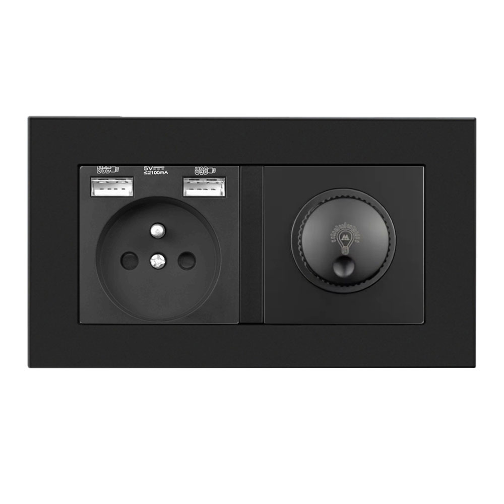 SRAN Elektrická zásuvka 230V+USB+USB 5V/2,1A + LED otočný stmívač 230V/1A  v rámečku 147mm, plast černý - 266 Kč