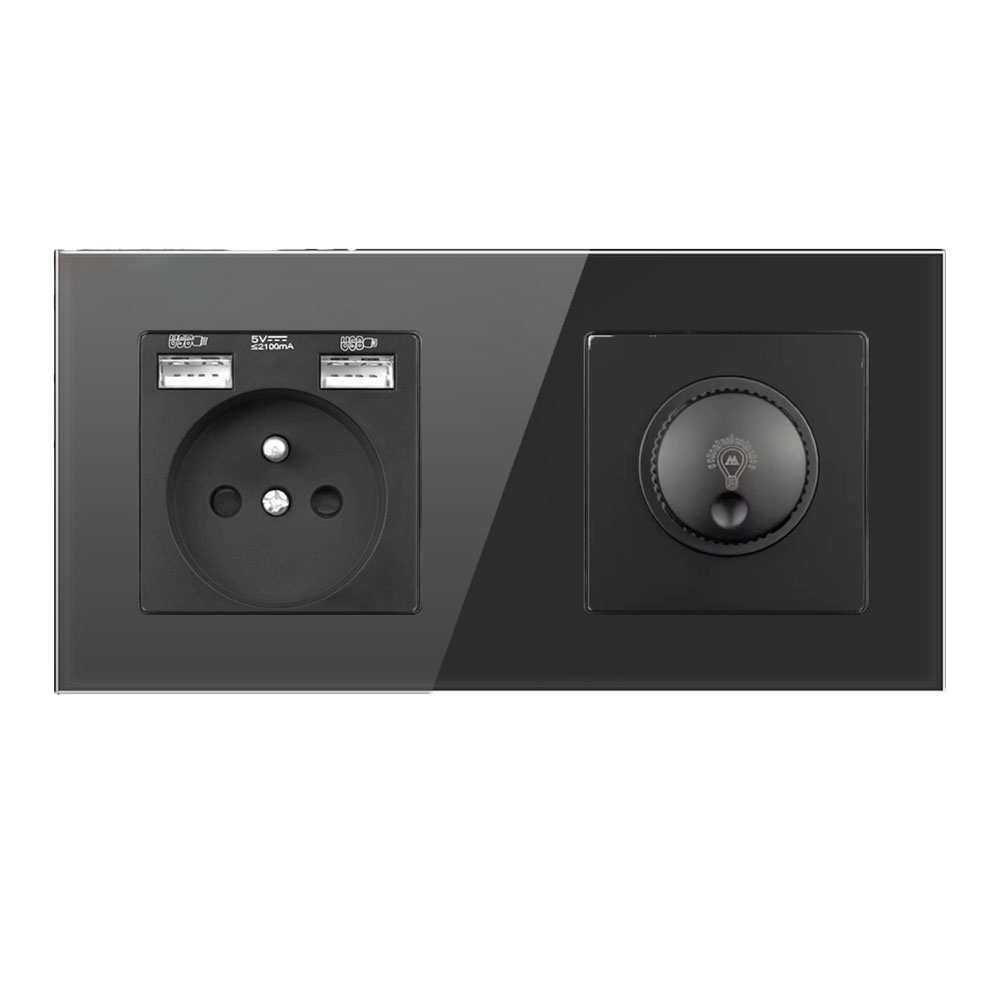 SRAN Elektrická zásuvka 230V+USB+USB 5V/2,1A + LED otočný stmívač  v rámečku 172mm, černý sklo - 326 Kč