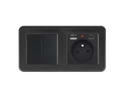 UNIC Elektrick zsuvka (230V+USB+USBc 5V) + dvojvypna lustrov sriov .5 v rmeku 153mm, plast ern - 347 K
