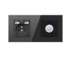 RAN zsuvka 230v + 2xUSB5V + PIR vypna se sklennm dvojrmekem dvojrmekem sklo ernm - 250 K