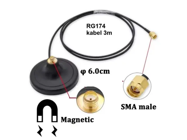 magneticky drzak anteny sma male s kabelem rg174 3m
