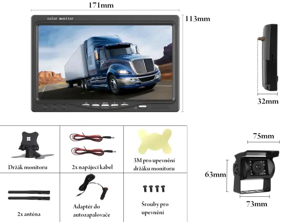 wifi parkovaci set truck a4007, 1x 18led kamera s lcd 7" splitscreen monitorem