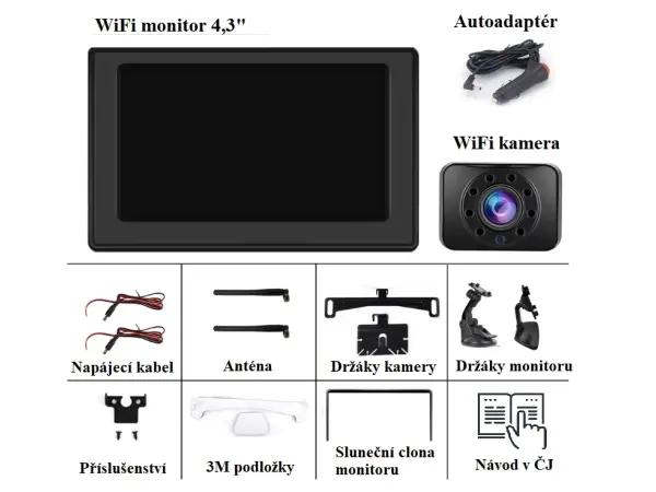 wifi parkovaci set a3164, monitorem 4,3", kamera s nocnim videnim s drzakem na spz