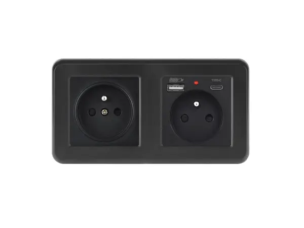 unic elektricka zasuvka 2x230v+usb+usb c 5v/2,1a plast cerna v ramecku 153mm
