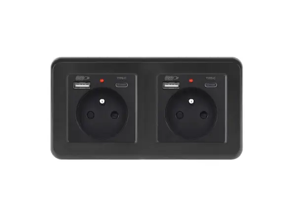 unic elektricka zasuvka 2x (230v+usb+usb c 5v/2,1a) plast cerna v ramecku 153mm