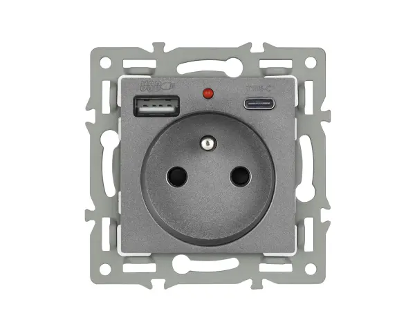 unic elektricka zasuvka 2x (230v+usb+usb c 5v/2,1a) plast seda v ramecku 153mm