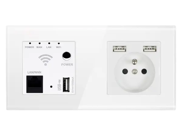 sran wifi repeater + modul zasuvka 230v+2xusb  5v/2,1a v ramecku, sklo bile 