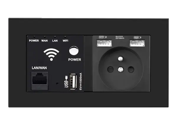 SRAN z�suvka WiFi socket + z�suvka 230V+2xUSB  5V/2,1A v r�me�ku, plast �ern�