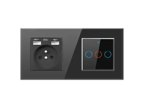 sran zasuvka 230v+2xusb + aiwifi trojvypinac s dvojrameckem sklo cerny