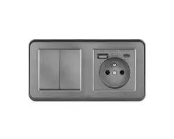 UNIC Elektrick� z�suvka (230V+USB+USBc 5V Rychl� nab�jen�) + dvojvyp�na� lustrov� s�riov� �.5 v r�me�ku 153mm, plast �ed� - 379 K�