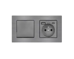 UNIC Elektrick� z�suvka (230V+USB+USBc 5V Rychl� nab�jen�) + vyp�na� jednop�lov� �.1 v r�me�ku 153mm, slitina hlin�ku �ed� - 446 K�