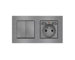 UNIC Elektrick� z�suvka (230V+2xUSB 5V/2,1A) + dvojvyp�na� lustrov� s�riov� �.5 v r�me�ku 153mm, slitina hlin�ku �ed� - 362 K�