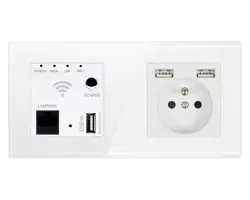 SRAN Wifi repeater + modul z�suvka 230V+2xUSB  5V/2,1A v r�me�ku, sklo b�l�  - 496 K�
