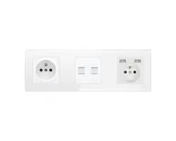 SRAN Trojn�sobn� sklen�n� r�me�ek v�etn� modul� 230V+230V s 2*USB 5V a z�suvky 2xRJ45 v r�me�ku 258mm, sklo b�l� - 304 K�