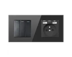 SRAN Elektrick� z�suvka 230V+2*USB 5V/2,1A + trojvyp�na� v r�me�ku 147mm, �ern� sklo - 226 K�