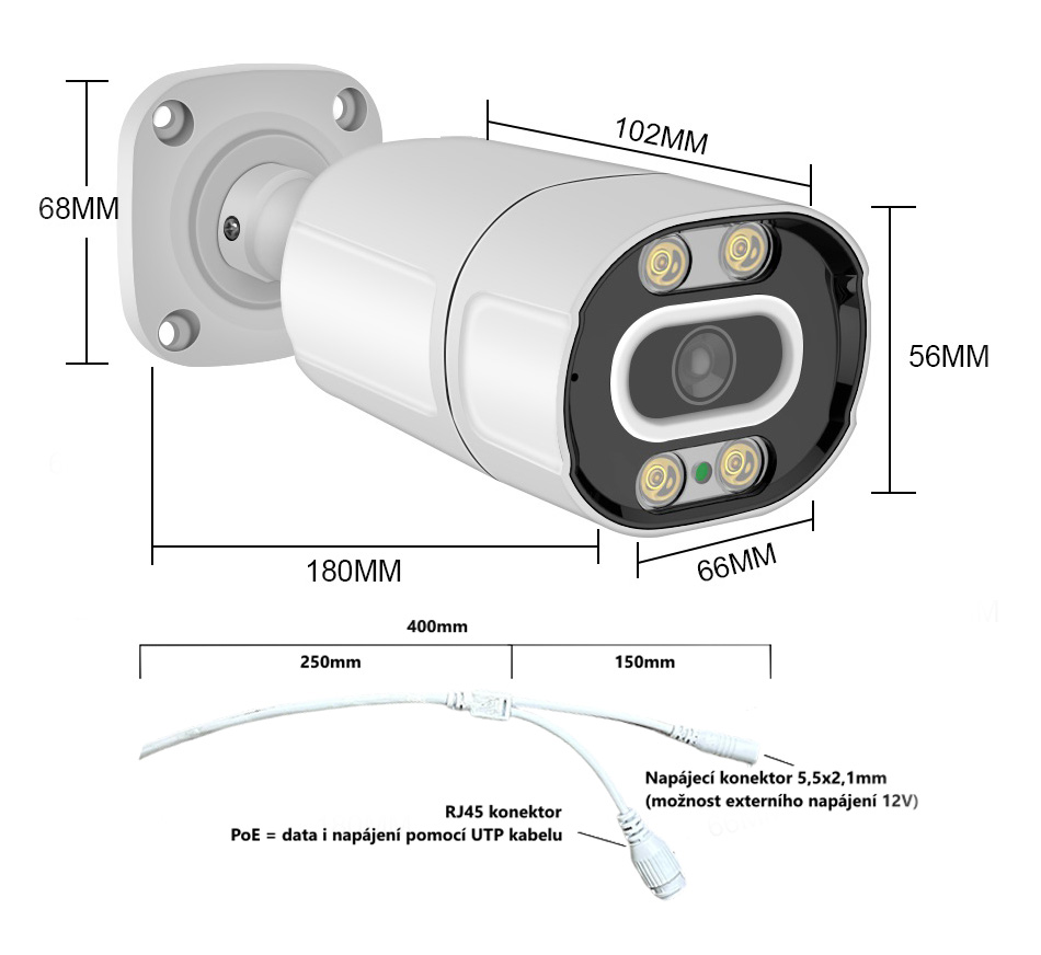 IP kamera  nabídne záznam v 4MPx rozlišení s bílým LED přísvitem