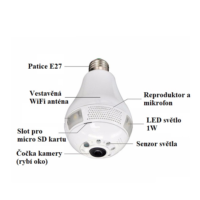 SMART WIFI IP panoramatická kamera 2Mpx Žárovka V2 E27, IR přísvit