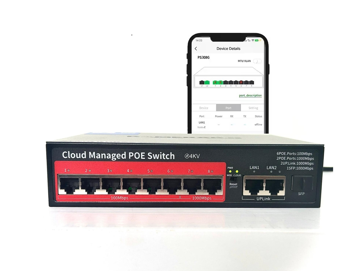 Cloudově Spravovaný 8portový 100Mbps PoE Switch s 2xGigabit Uplinky a L2 funkcemi
