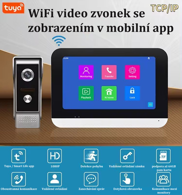 Tuya Smart Digitaln zvonek PST-DB10 2,0 MP, 7palcov dotykov Wi-Fi monitor, Detekce pohybu 1080P