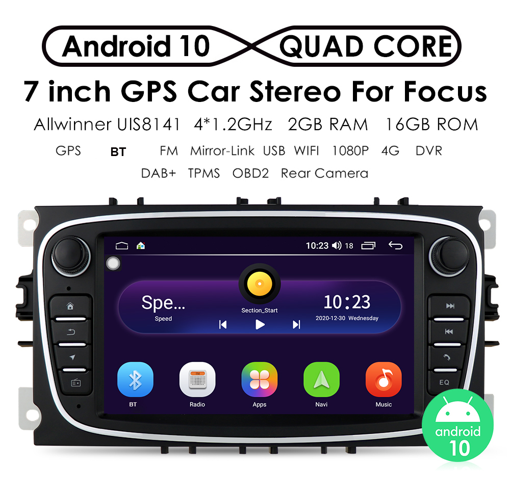 Autoradio 7" Q3196KT Android 10, 2+16GB s BT GPS WiFi pro Ford Focus Mondeo C-MAX